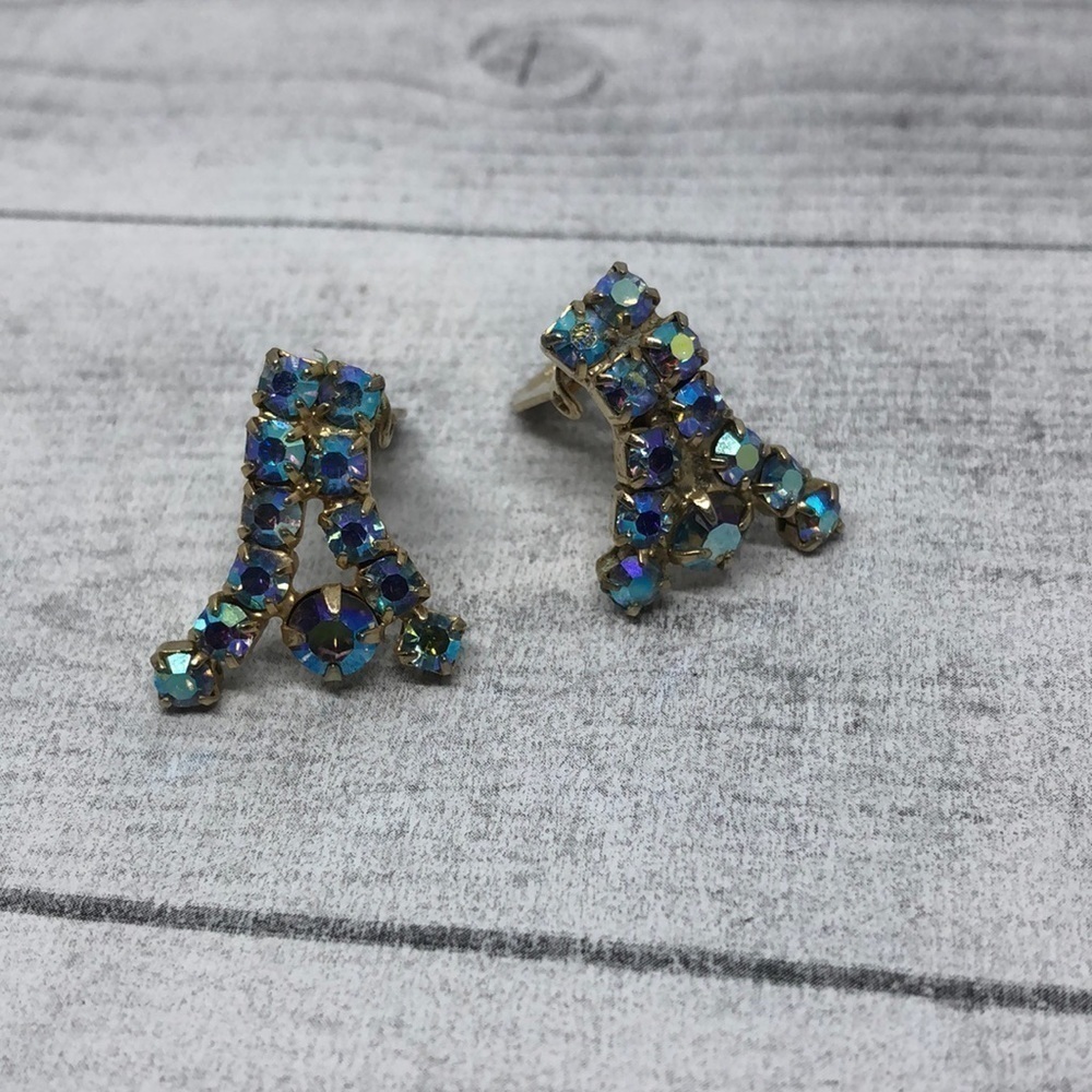 Vintage blue AB rhinestone statement glam clip on earrings.